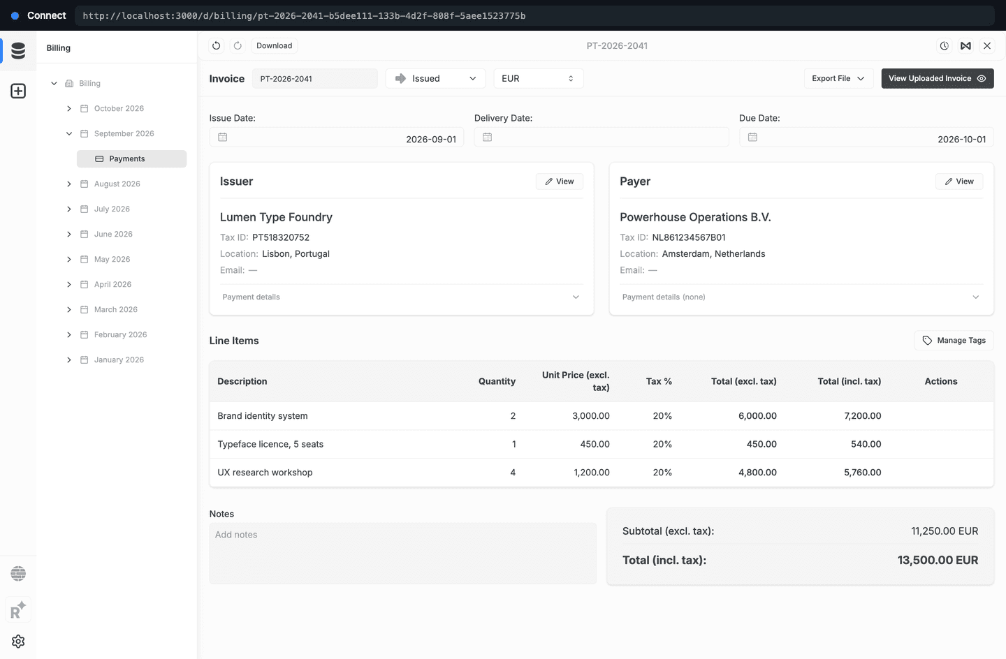 The invoice open in Powerhouse Connect, under a September 2026 month in the Billing drive: issuer, payer, issue and due dates, currency, and three line items with a total of 13,500.00 EUR.