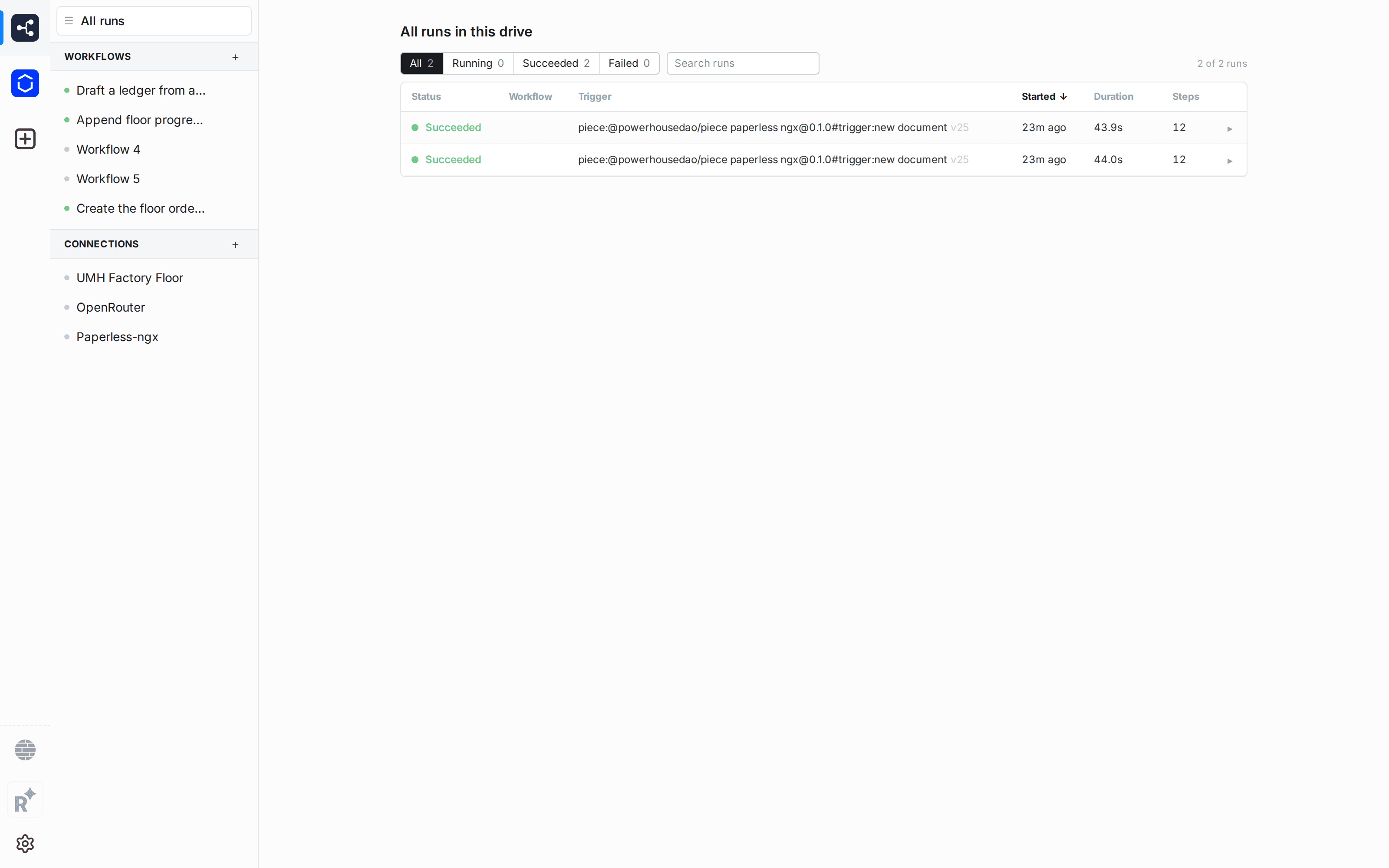 Workflow Studio in Connect: a list of workflows and connections on the left, and every run in the drive on the right.