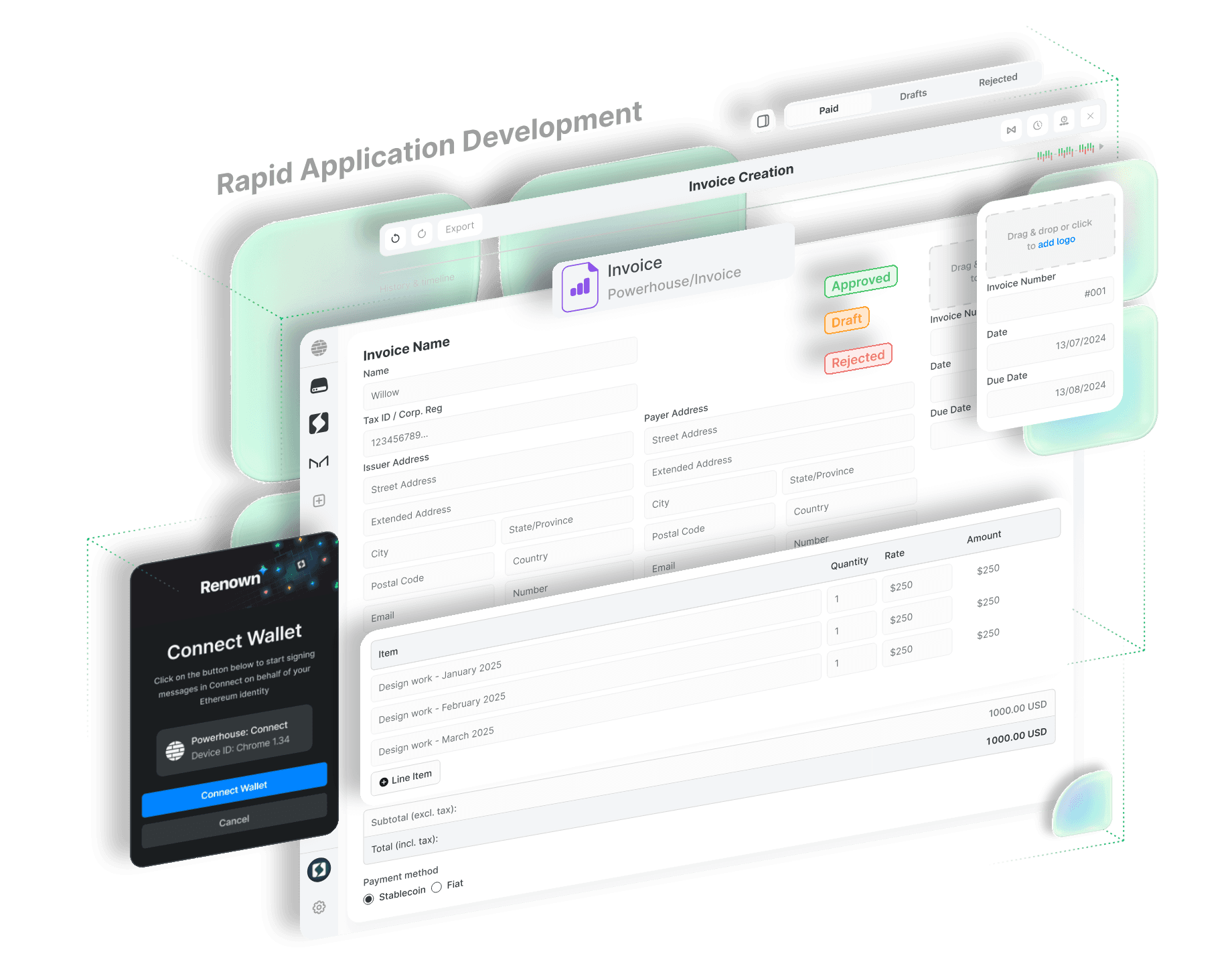 Powerhouse invoice application shown as an exploded layout: an invoice form with issuer and payer fields, approval state badges, a line item table with quantity, rate, and amount, totals, payment method, a Renown wallet connection panel, and paid, drafts, and rejected queues.