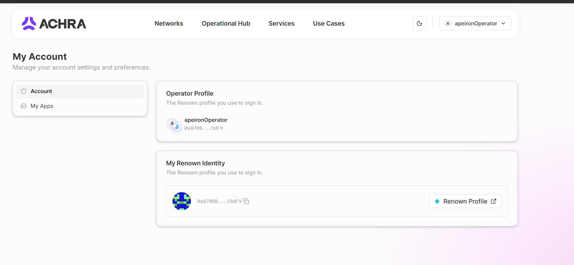 The customer account: operator profile and portable Renown identity.