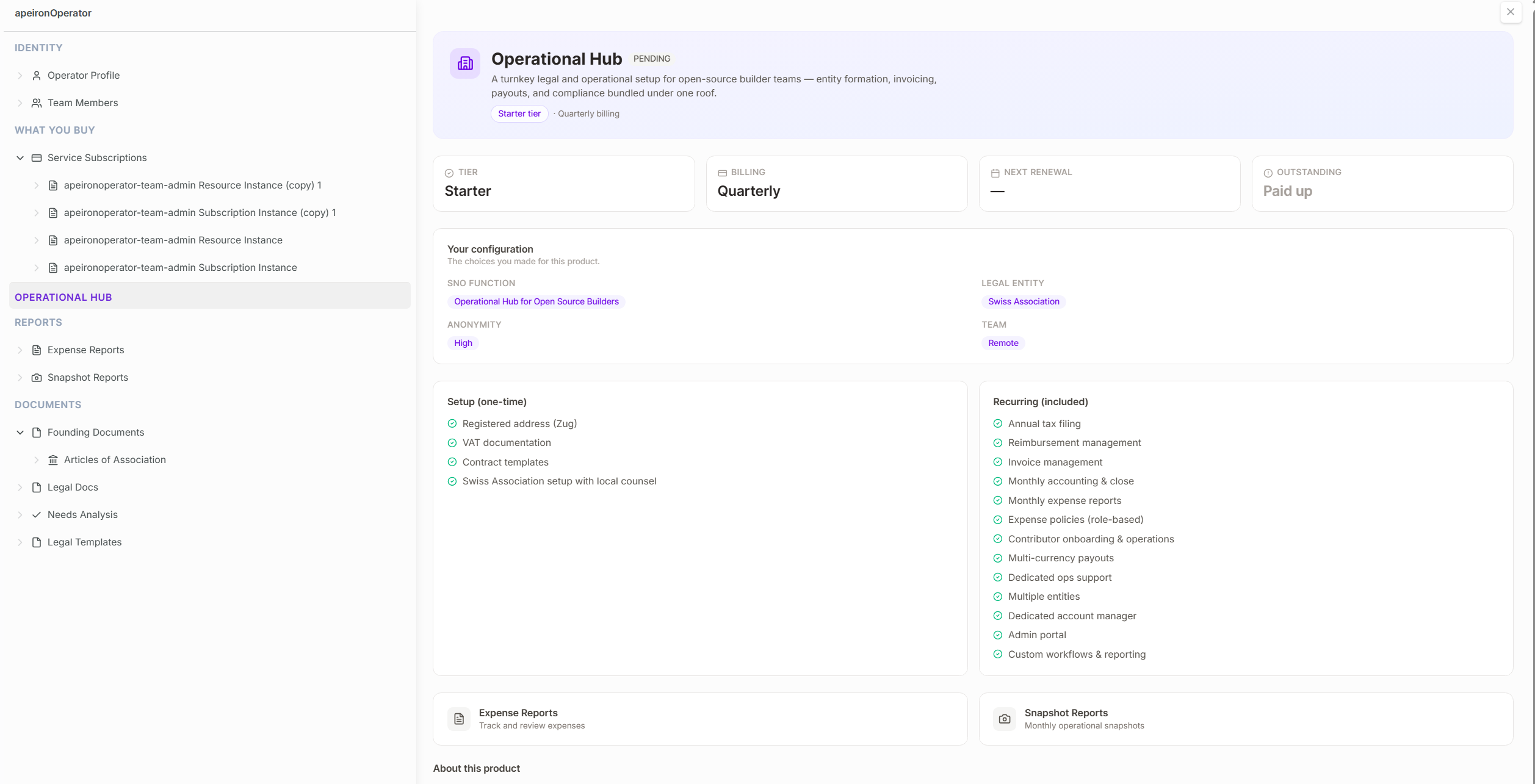 The live Hub workspace — config, setup tasks, recurring services, documents, and reports.