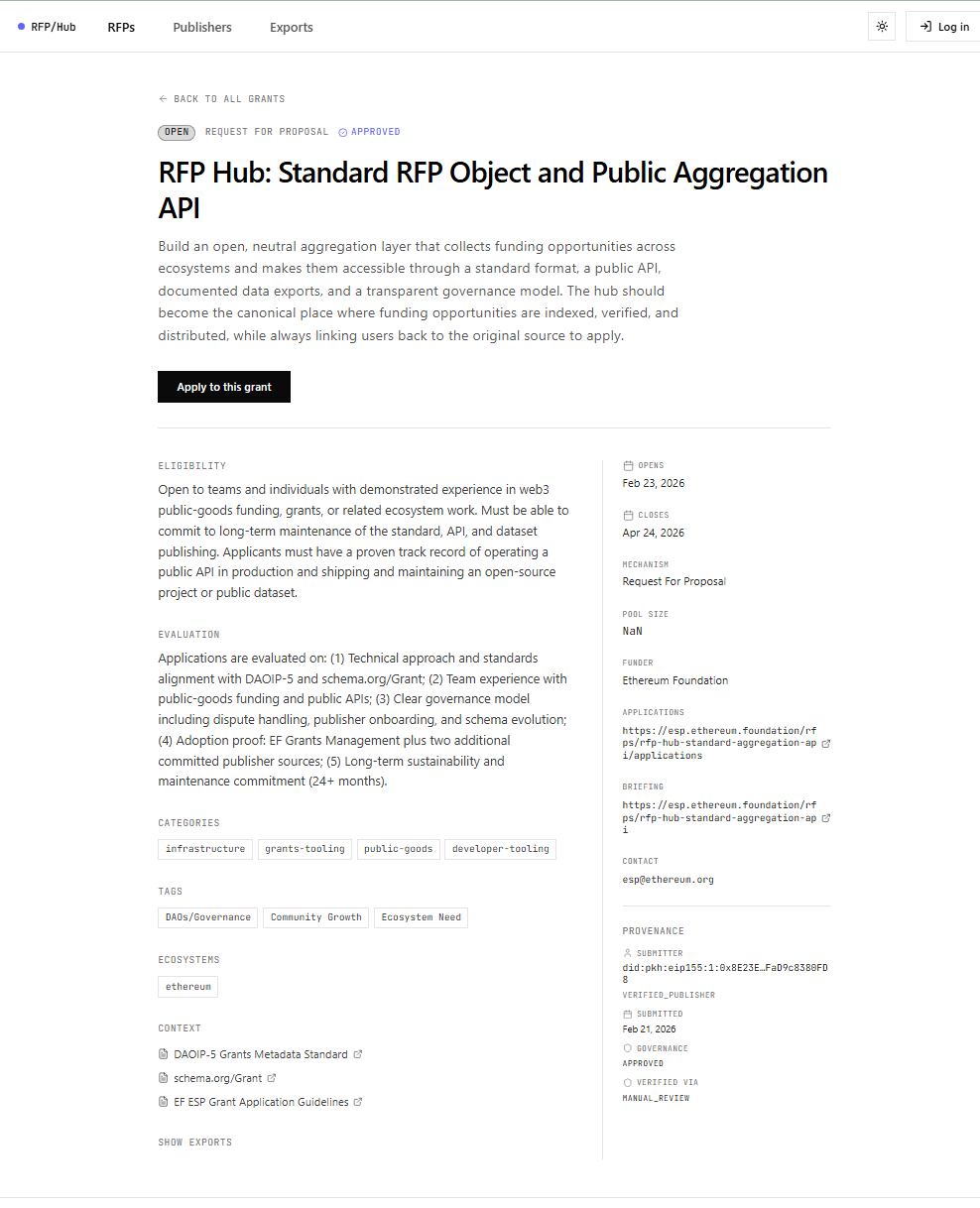 A single RFP with full brief, eligibility, evaluation criteria, and verifiable provenance.