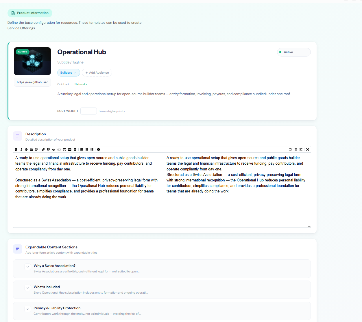 Define the product — name, description, and positioning for the offering.